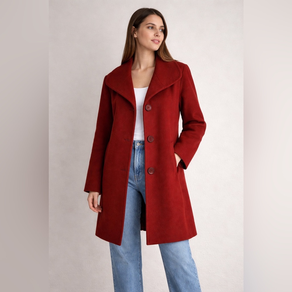 Ellen Tracy Wool Angora Blend Pea Coat Red Wine Long Line Jacket Size 12P
